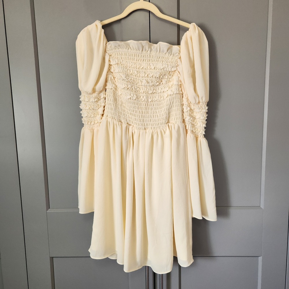 New o.p.t Smocked Mini Dress Women's Opt Small Cream Puff Sleeve Ruffled Casual